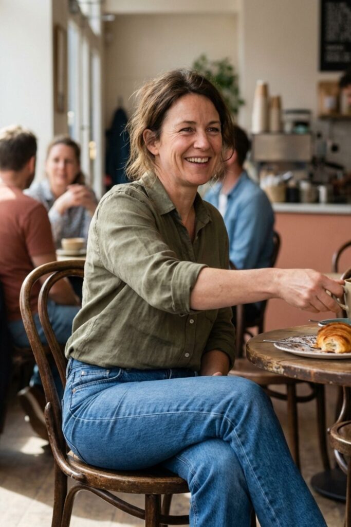 Woman in green shirt reaching for coffee at café table