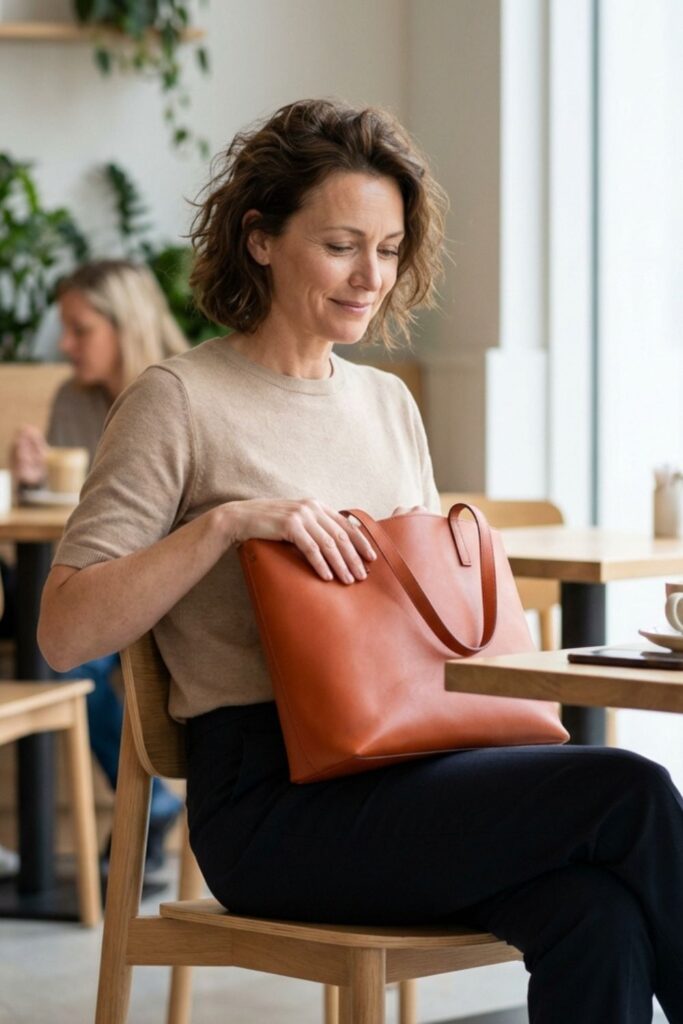 Woman sitting at café table opening brown handbag beside coffee