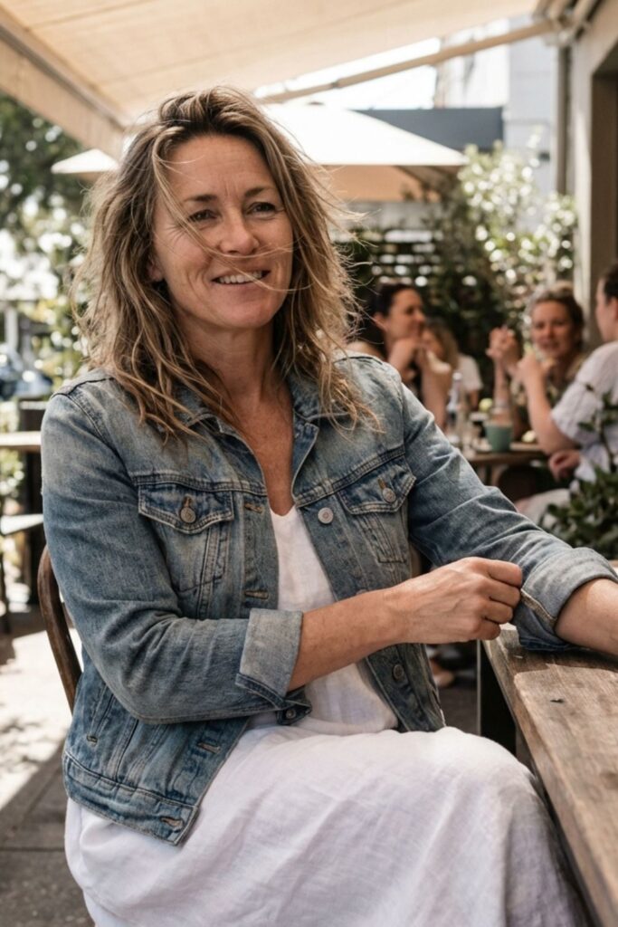 Woman in denim jacket sitting outdoors at café table with coffee