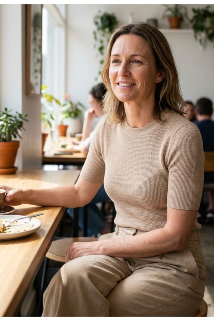 Woman in beige top and pants sitting with coffee at café counter