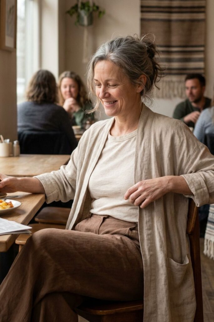 Woman in neutral outfit sitting at café table with coffee and pastries