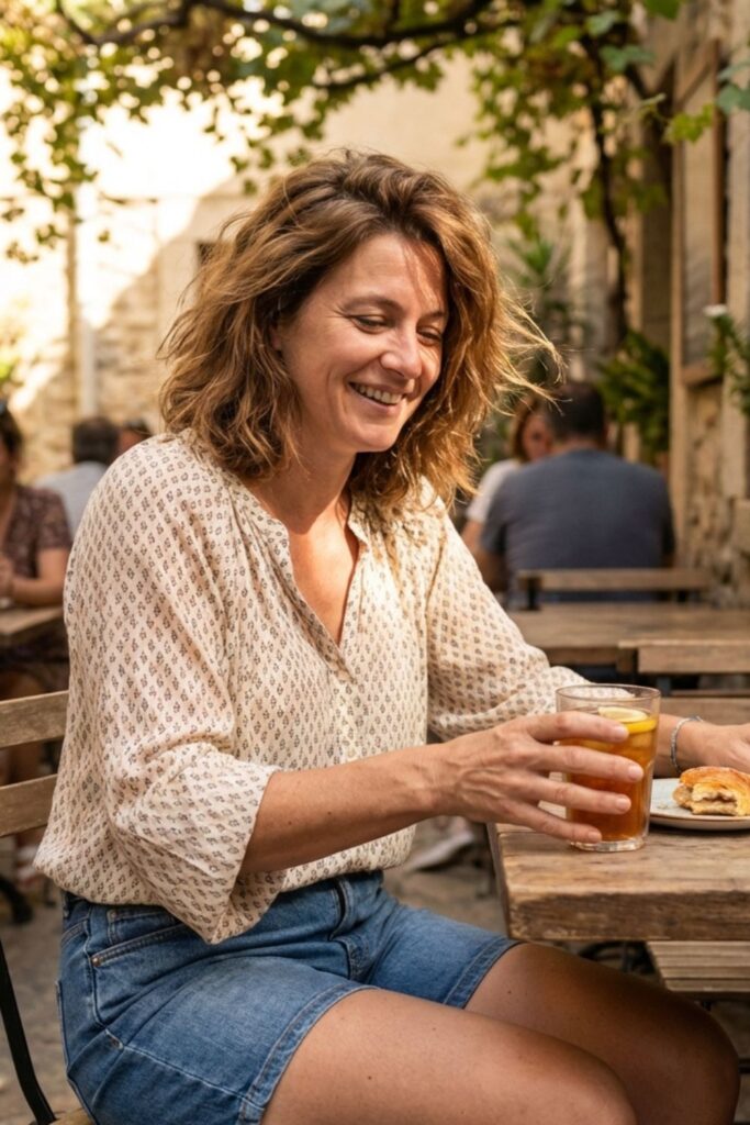Woman in patterned blouse and denim shorts holding drink at outdoor café.