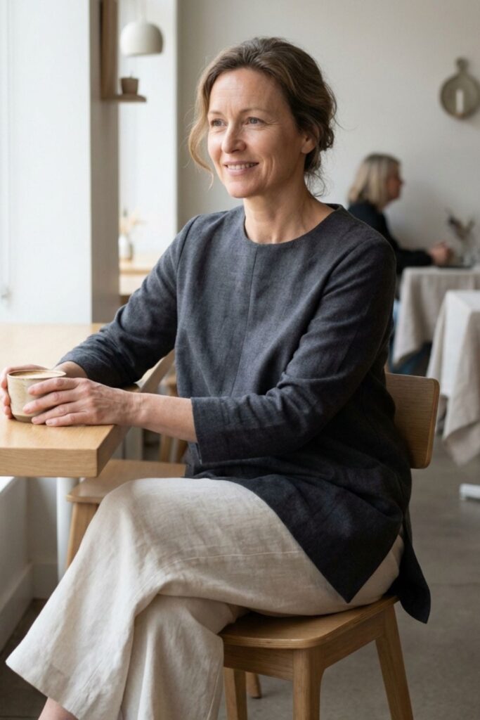 Woman in dark top and light pants holding coffee at café window.