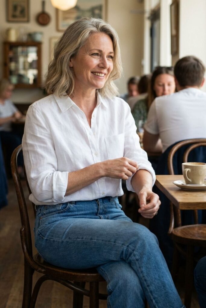 Woman in white shirt and jeans smiling at café table