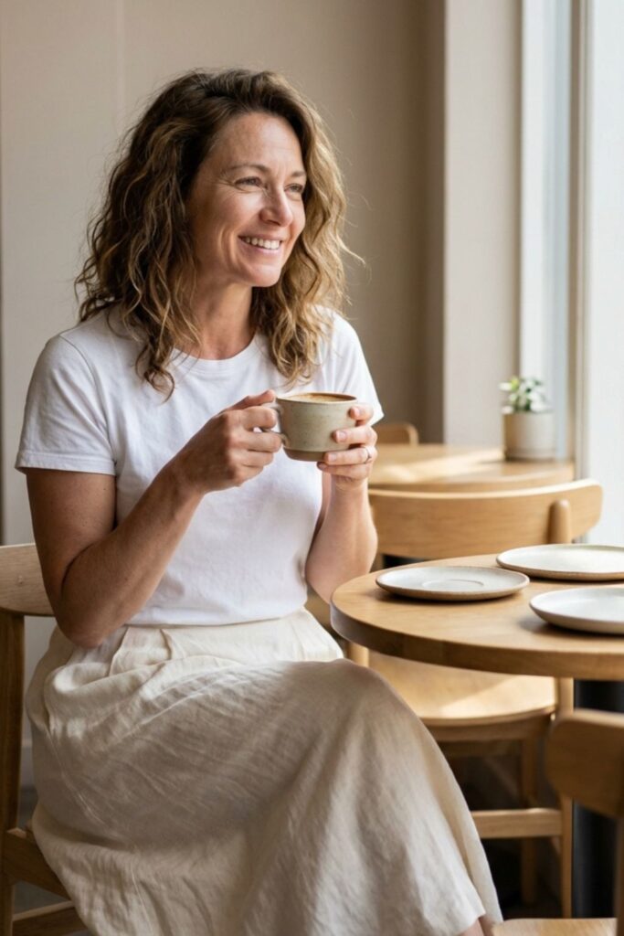 Woman in white tee and skirt holding coffee by window