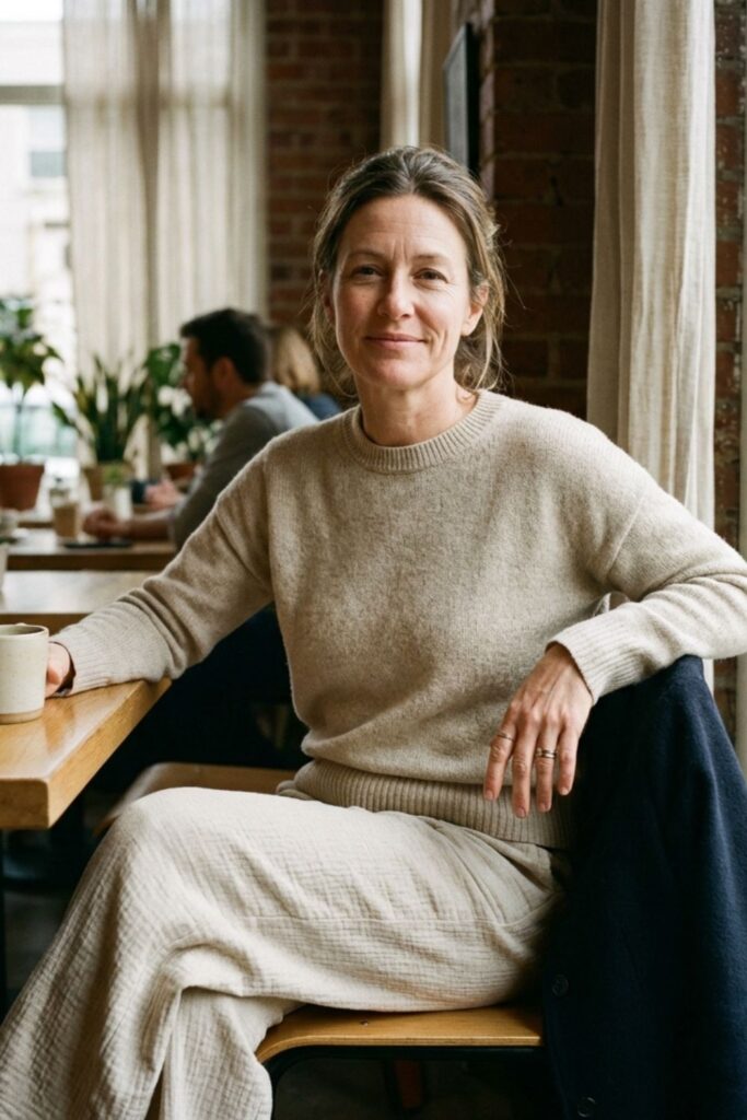 Woman in knit sweater sitting by window with coffee and pastry