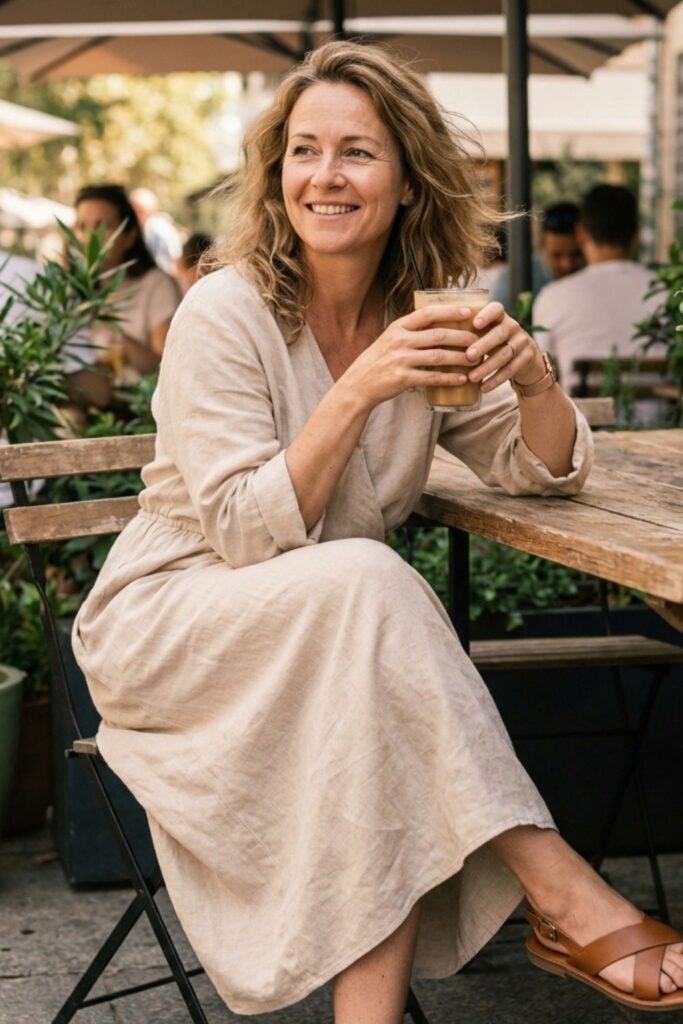 Woman in linen dress sitting at outdoor café holding iced drink.
