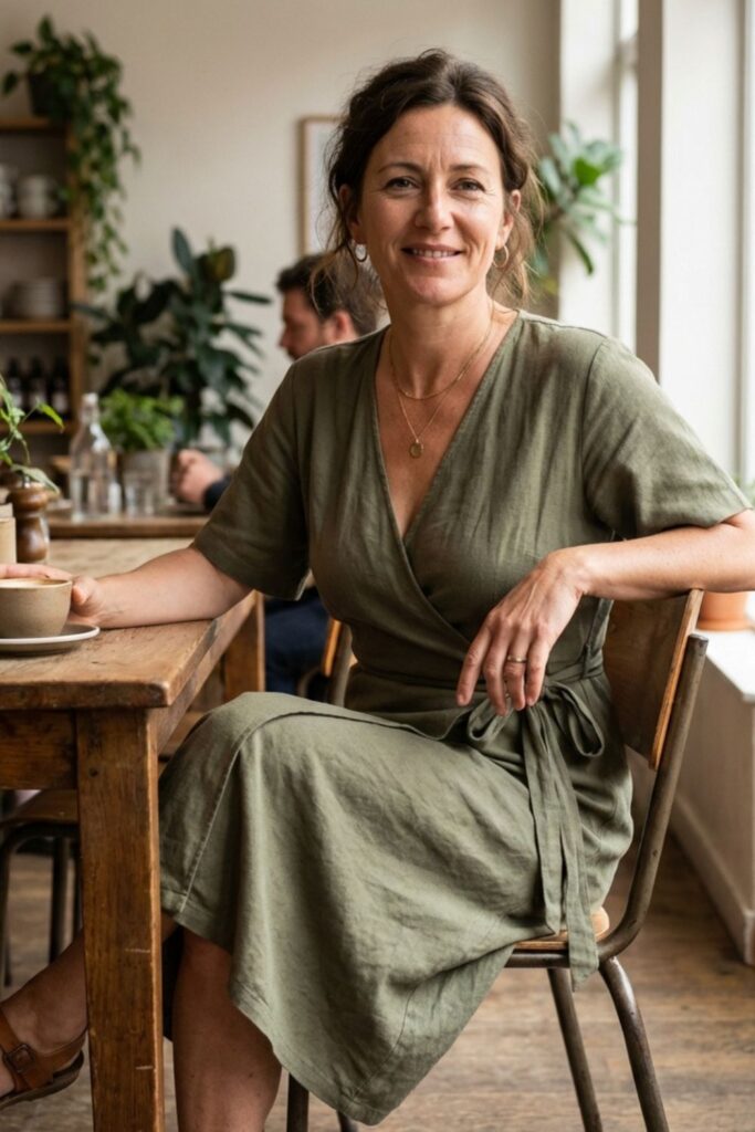 Woman in green wrap dress seated at café table with coffee.