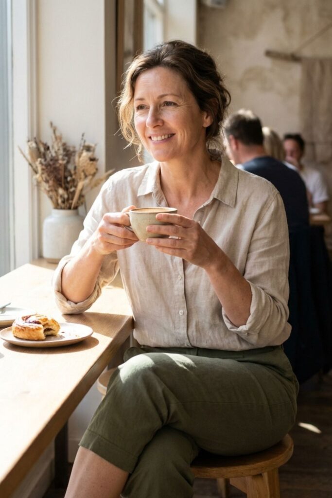 Woman in linen shirt holding coffee by window with pastry.