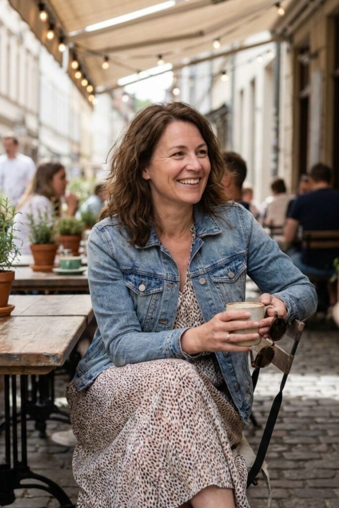 Woman in denim jacket and patterned dress smiling at outdoor café.