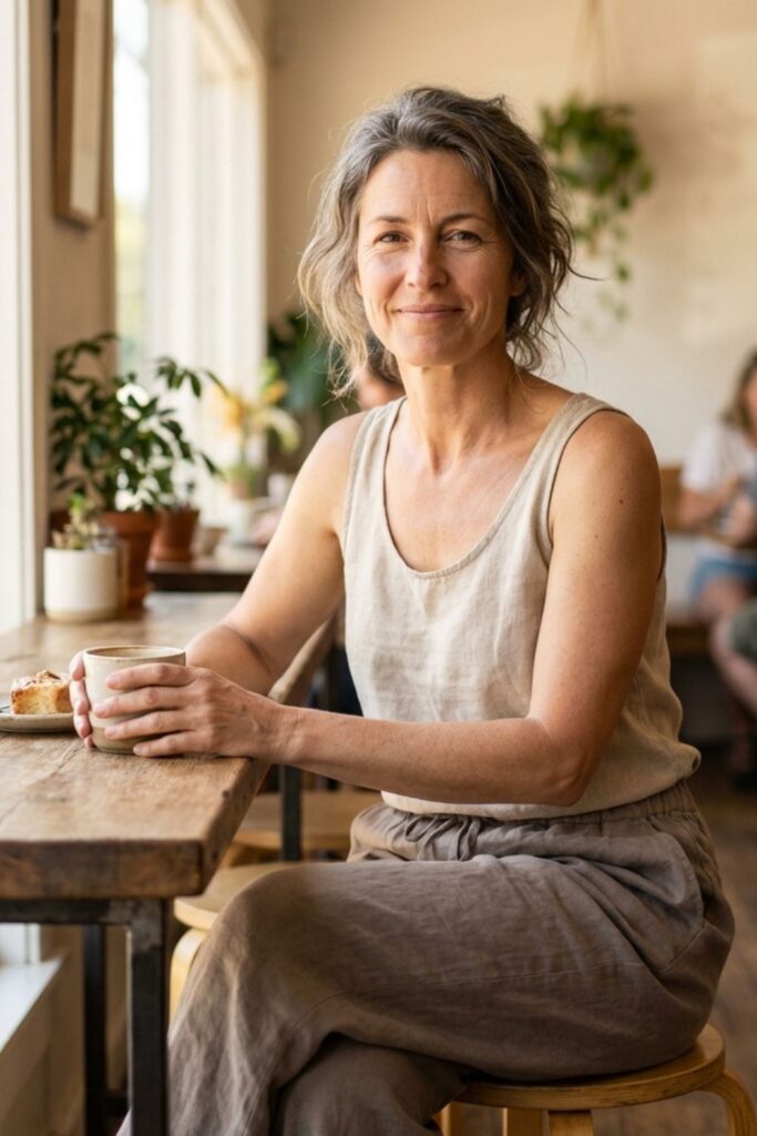 Woman in sleeveless linen top sitting at café table with coffee.