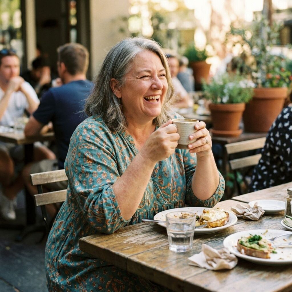 Smiling woman enjoying coffee and breakfast at outdoor café