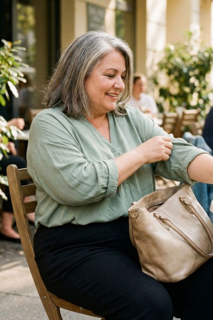 Curvy woman in green blouse sitting at café adjusting sleeve