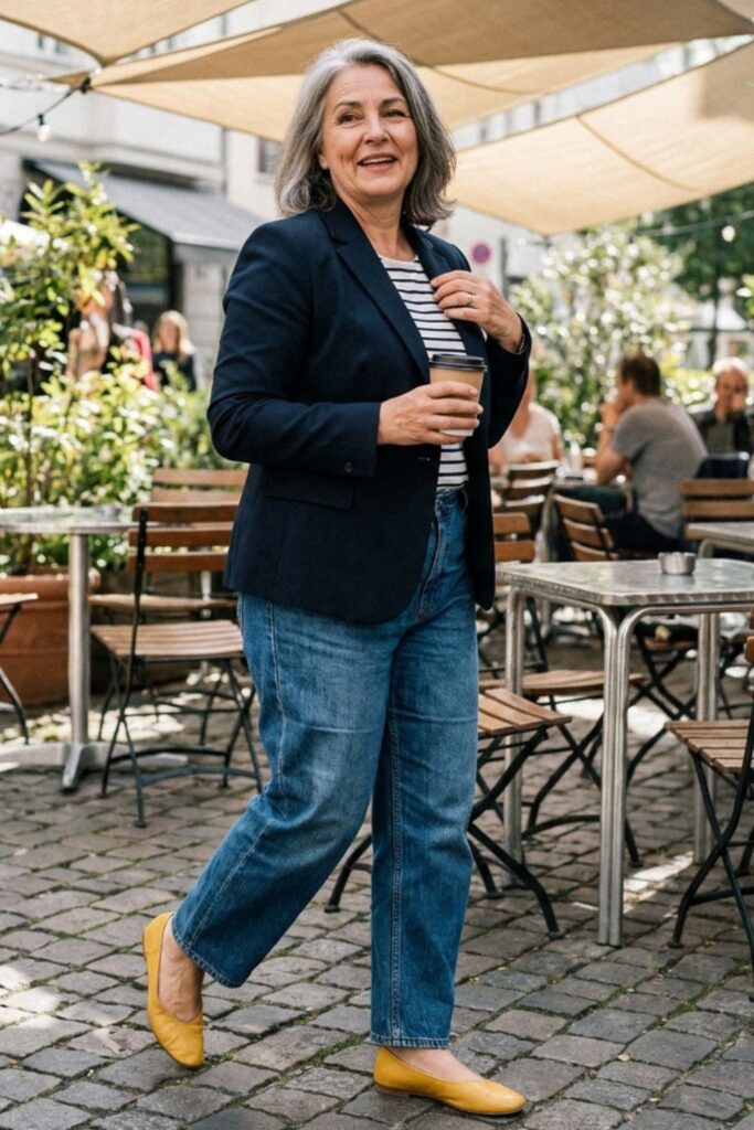 Plus size woman in blazer jeans outfit with yellow flats holding coffee outdoors