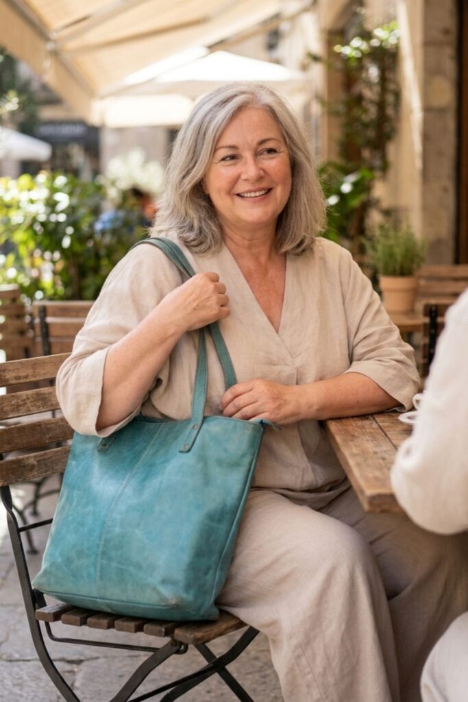 Curvy woman in beige outfit sitting at café with teal tote bag