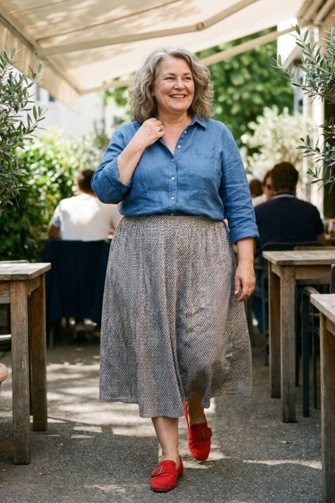 Plus size woman in blue shirt and midi skirt walking in outdoor café setting