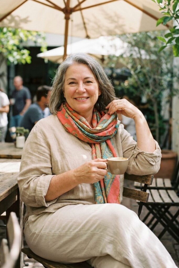 Plus size woman in linen outfit with scarf drinking coffee at outdoor café