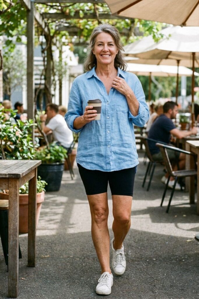 Mature woman in blue shirt and black shorts with sneakers holding coffee outdoors