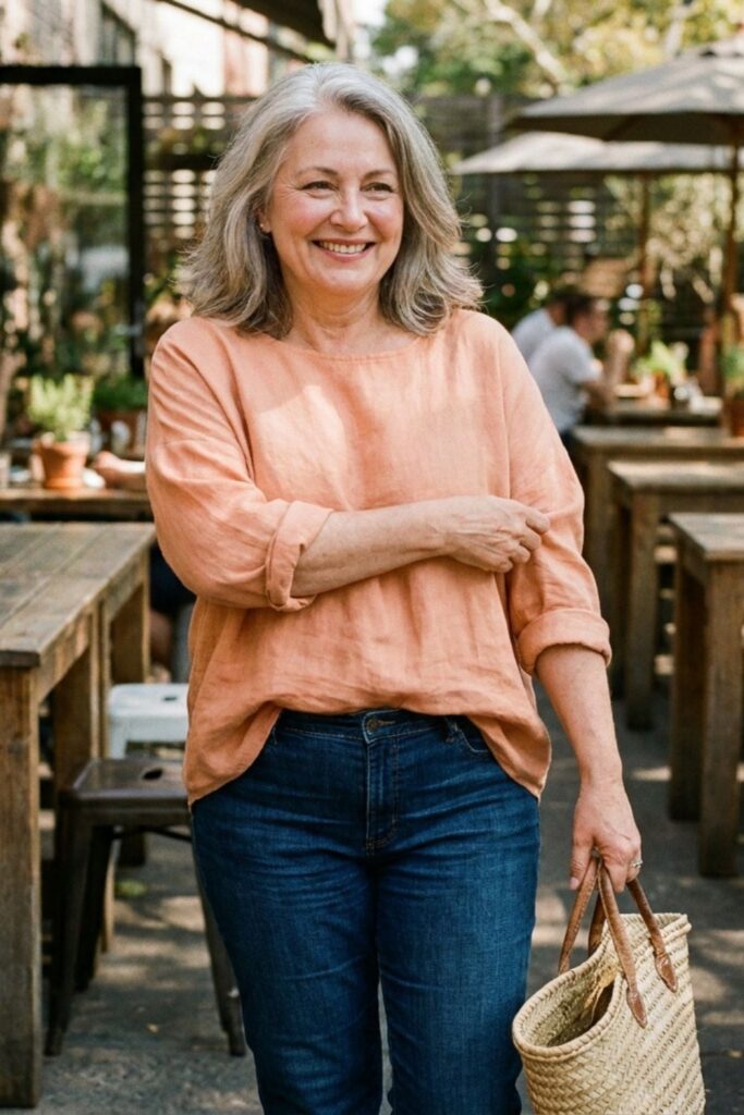 Woman in peach blouse and jeans with straw bag walking through café patio