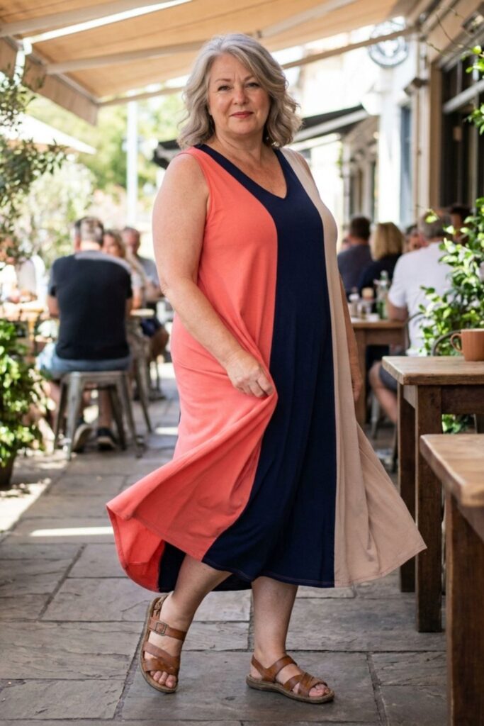 Curvy woman in color block midi dress with sandals at outdoor café