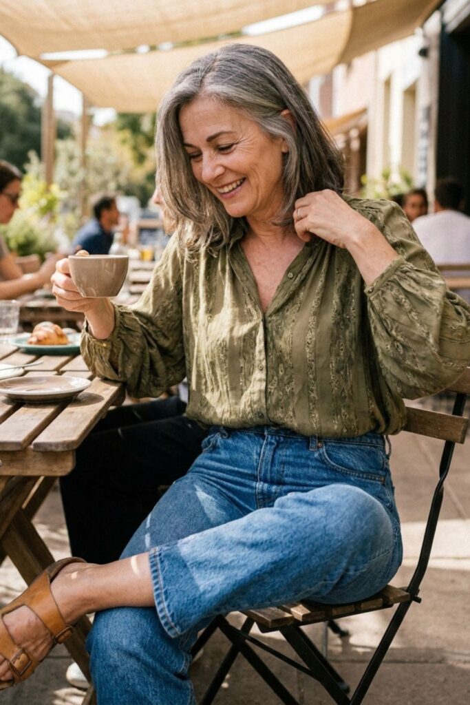 Woman in green blouse and jeans sitting at café with coffee