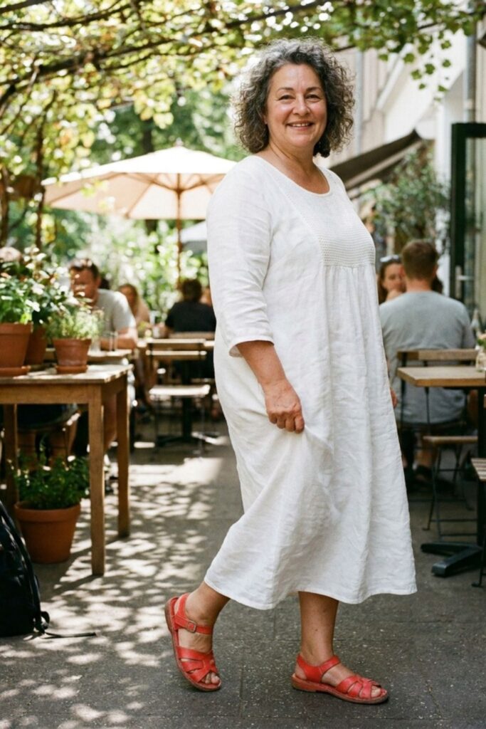 Plus size woman in white linen dress with red sandals walking in café setting