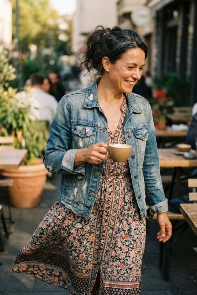 Woman in floral dress with denim jacket holding coffee at outdoor café
