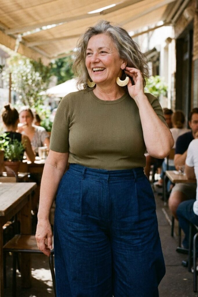 Woman in olive green top and navy pants with statement earrings at café terrace