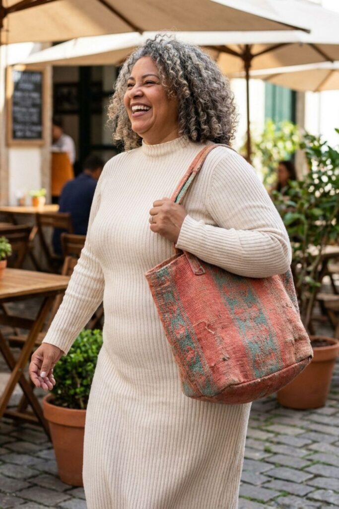 Curvy woman in beige knit dress carrying tote bag at outdoor café setting