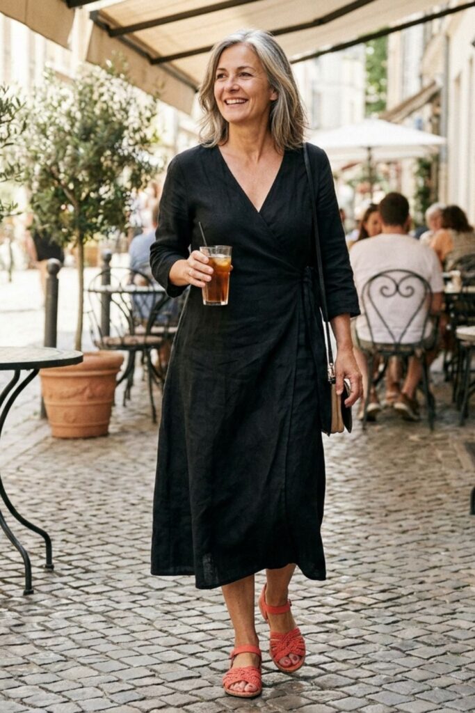 Woman in black midi dress with red sandals walking through cobblestone café street