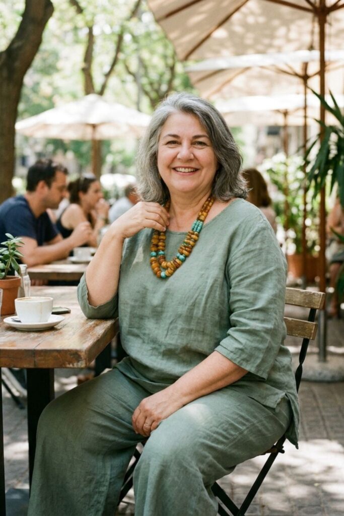 Plus size woman in green linen outfit with statement necklace at café patio