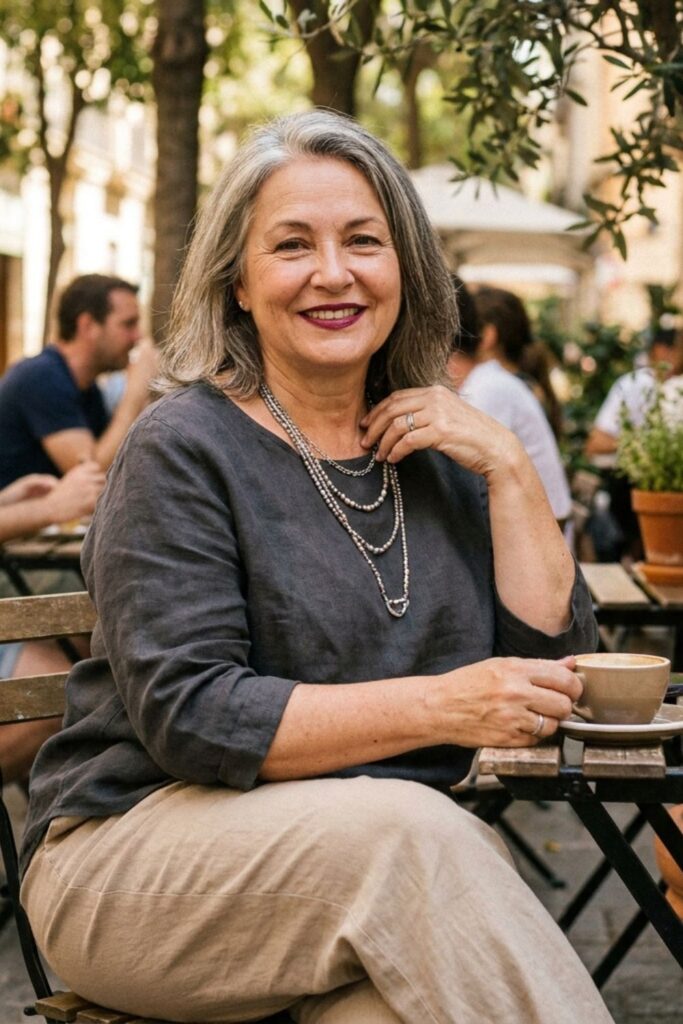 Mature woman in charcoal top and beige pants enjoying coffee at outdoor café