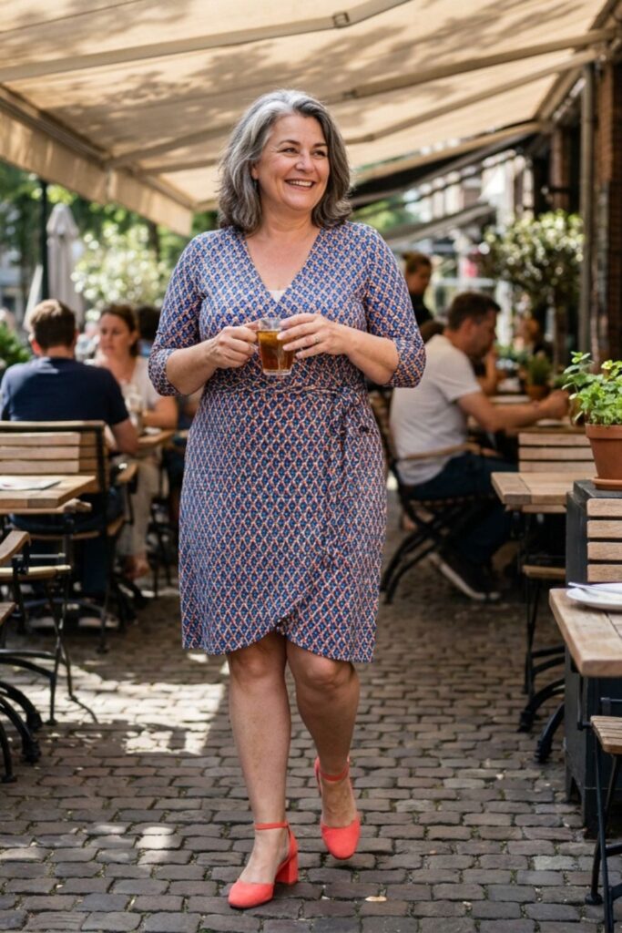Curvy woman in wrap dress walking with drink at outdoor café