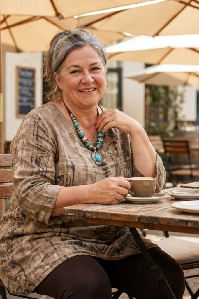 Plus size woman in patterned tunic enjoying coffee at outdoor café