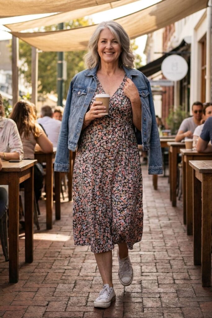 Woman in floral dress and denim jacket holding coffee at café