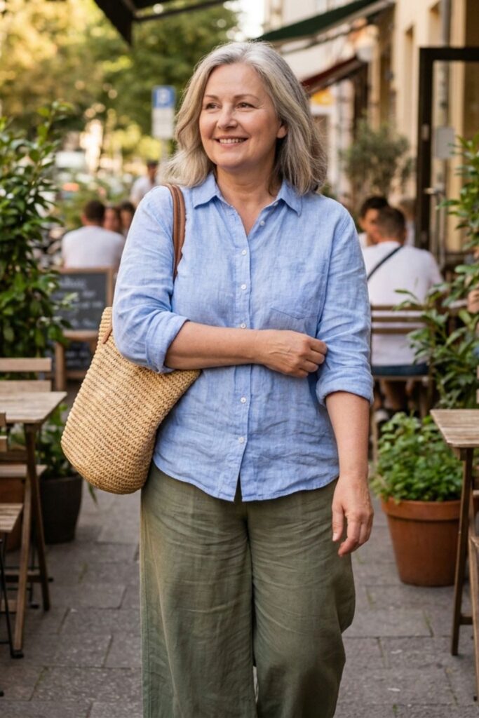 Mature woman in blue shirt and green pants walking through outdoor café