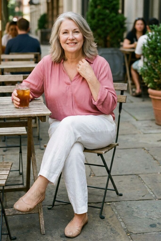 Mature woman in pink blouse sitting with iced drink at café