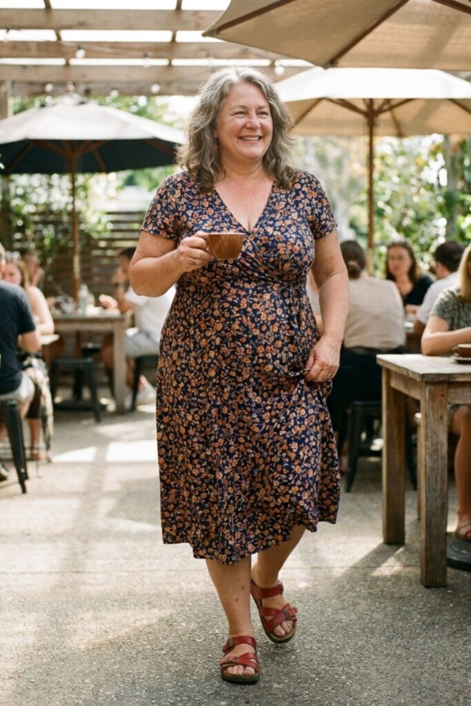 Curvy woman in floral wrap dress walking with coffee at café