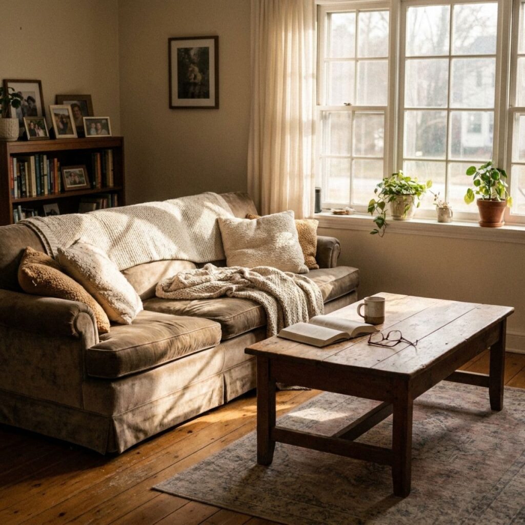 Cozy sunlit living room with sofa, coffee table, and plants