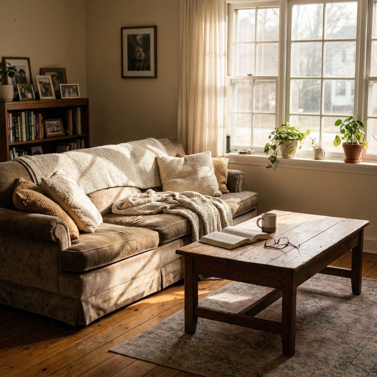 Cozy sunlit living room with sofa, coffee table, and plants
