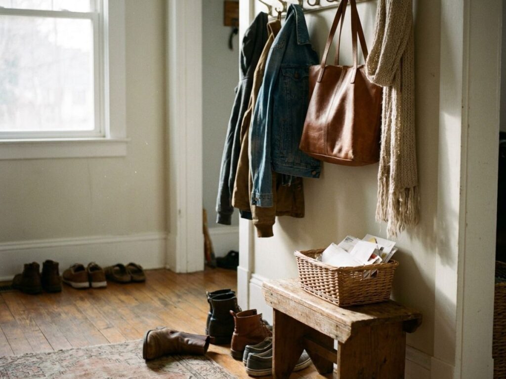 Entryway with coats, bag, and shoes
