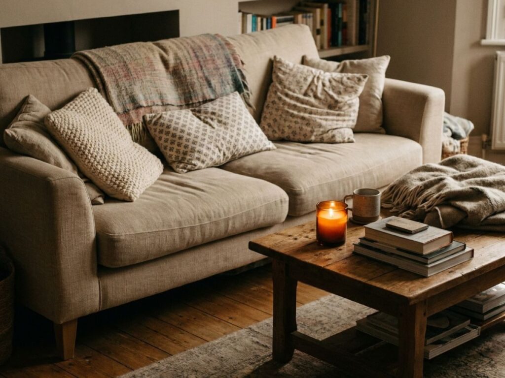 Cozy living room with sofa and candle
