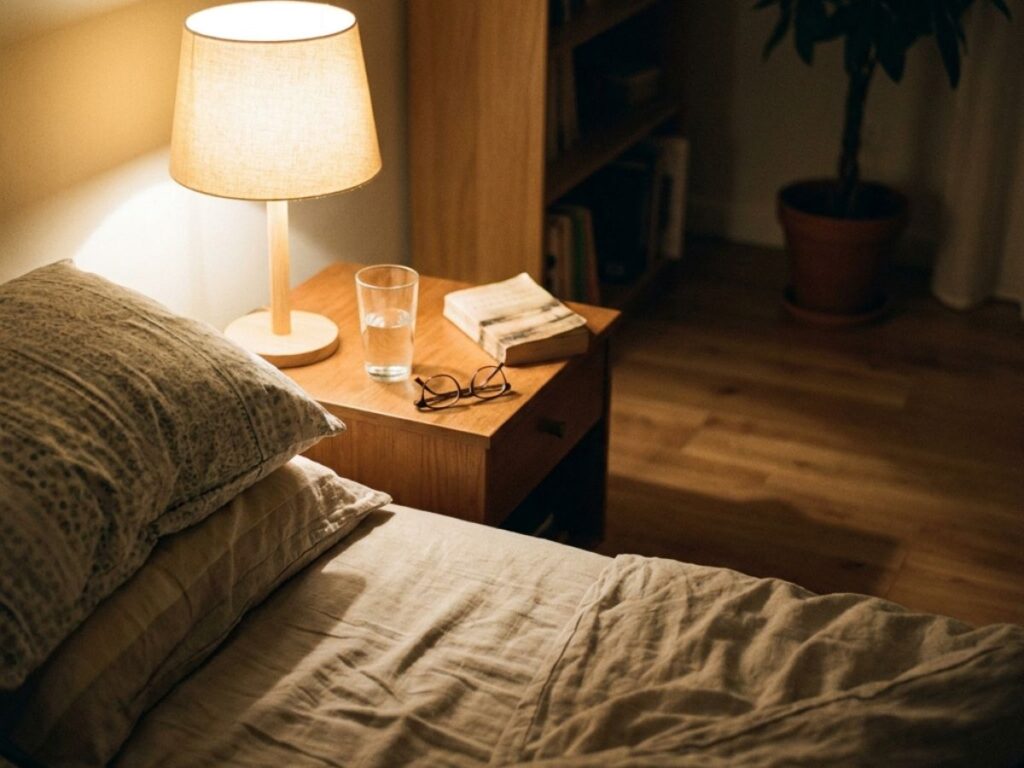 Bedside table with lamp, glasses, and book