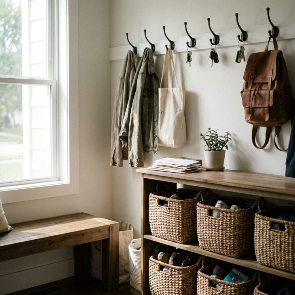 Wall hooks with coats, bags, and organized entry storage