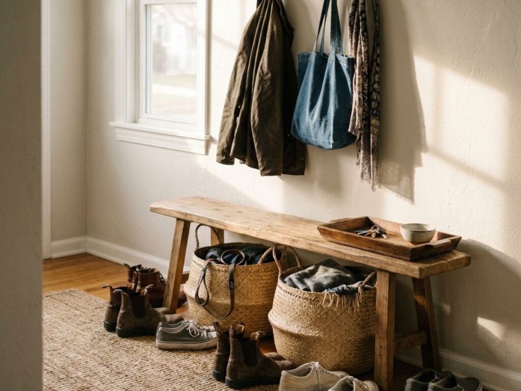 Entryway bench with baskets, shoes, and hanging coats