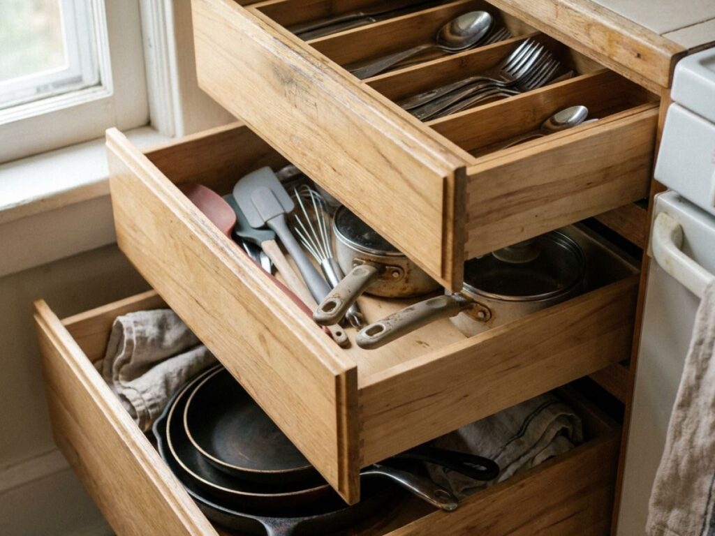 Kitchen drawers with neatly arranged utensils and cookware