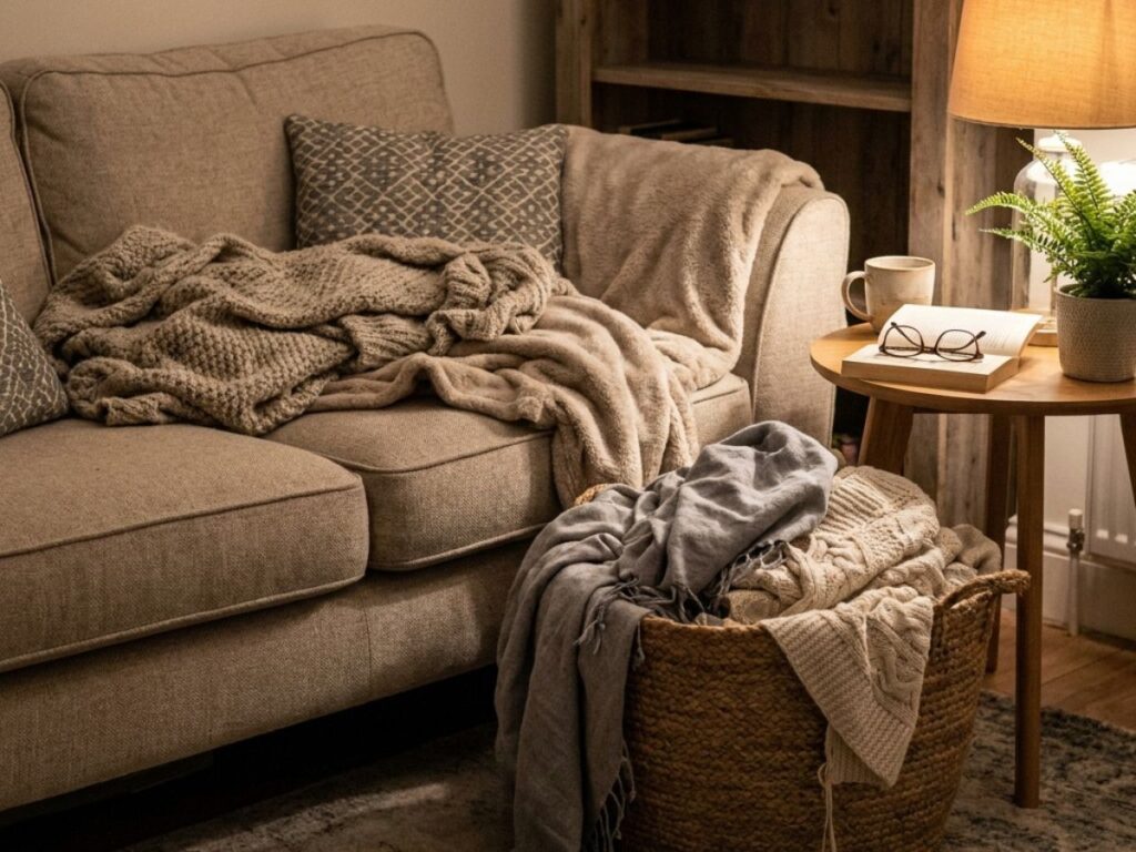 Cozy sofa with blankets and basket storage