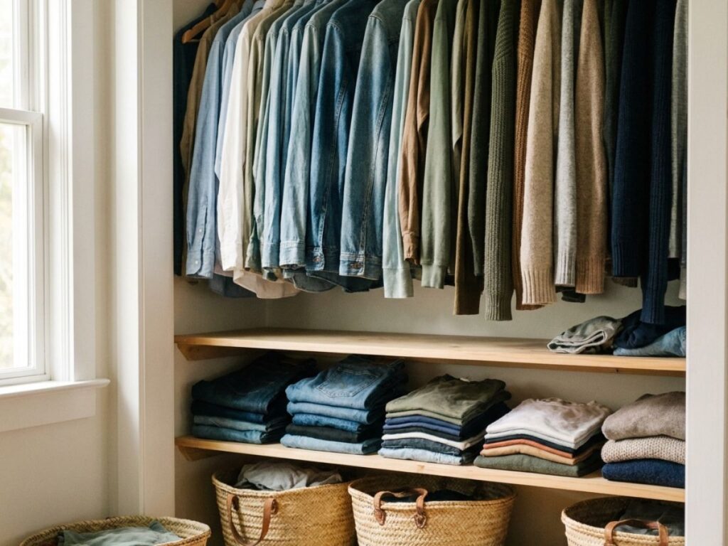 Organized closet with hanging clothes and folded stacks