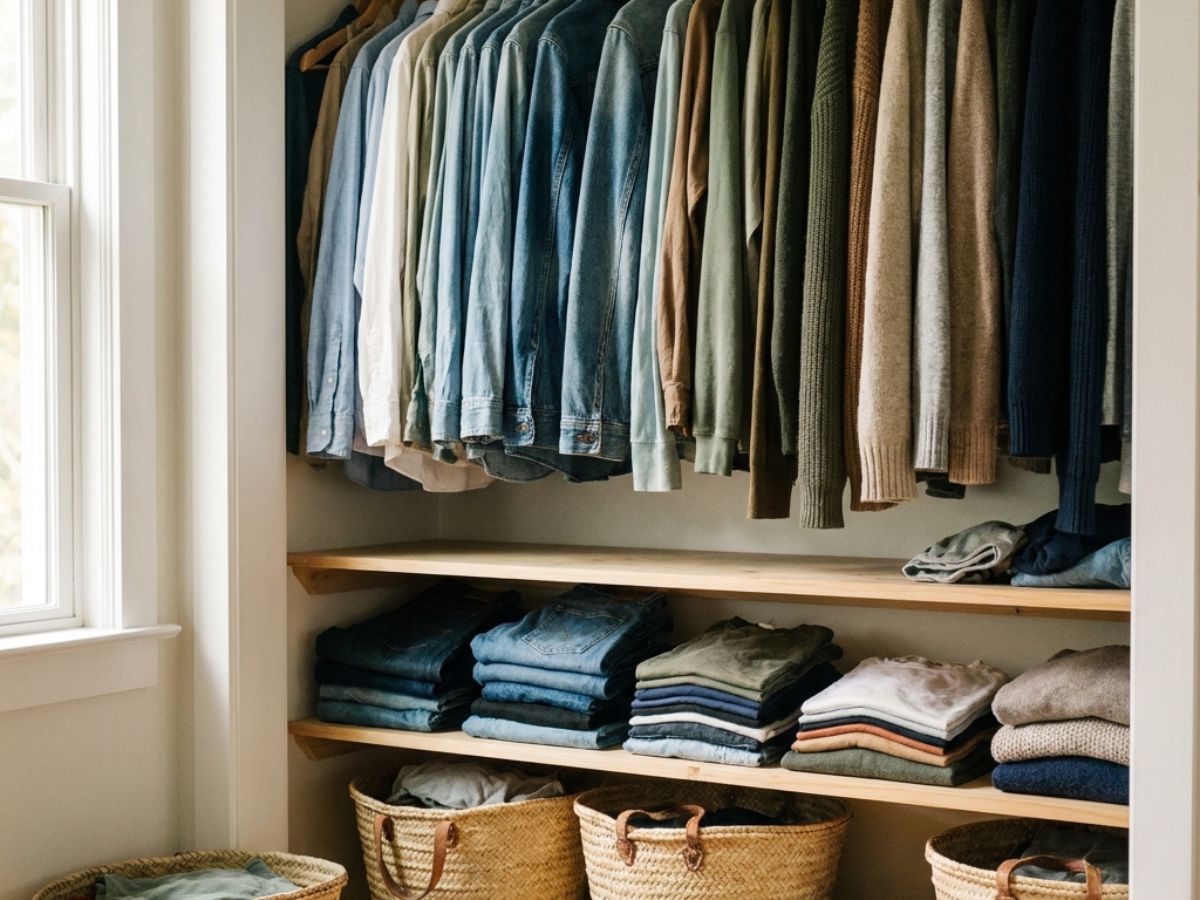 Organized closet with hanging clothes and folded stacks