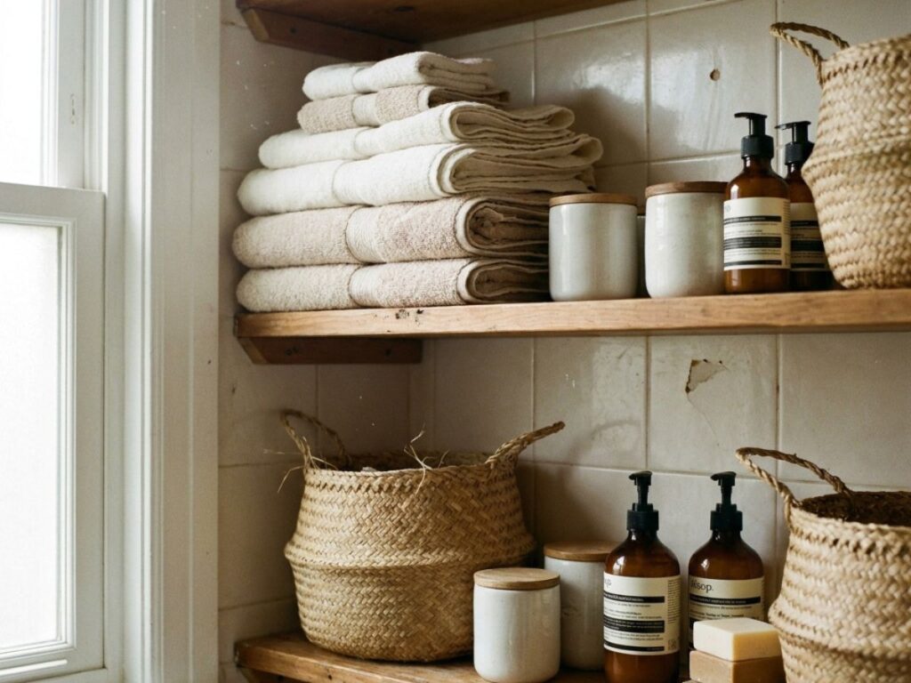 Neatly folded towels and minimal bathroom shelf setup